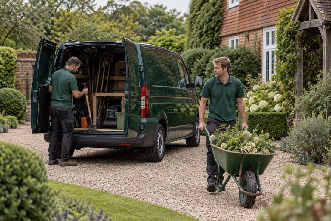 Two gardeners in plain dark green polo shirts beside a plain dark green van