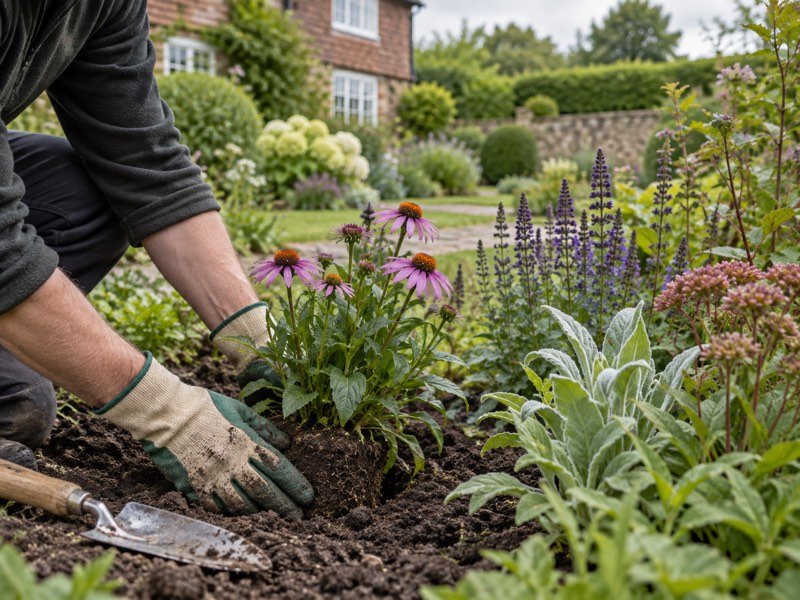 Gloved hands planting in a border
