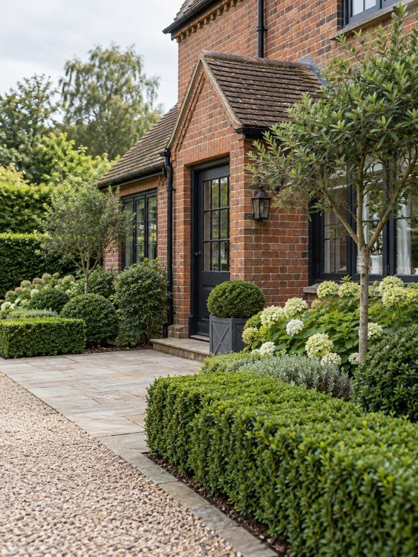 A neatly landscaped entrance to a brick office