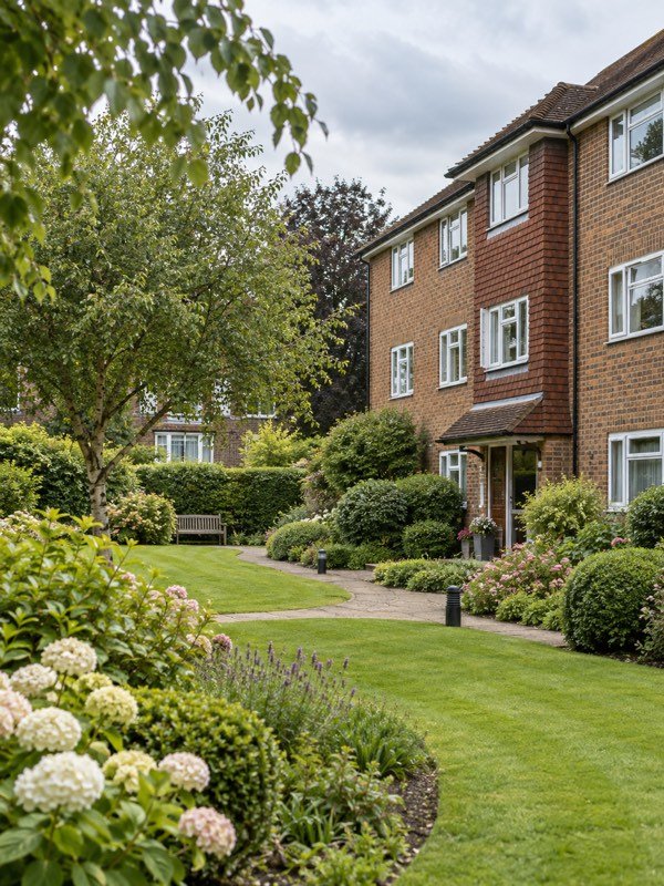 Tidy shared gardens outside a low brick block of flats