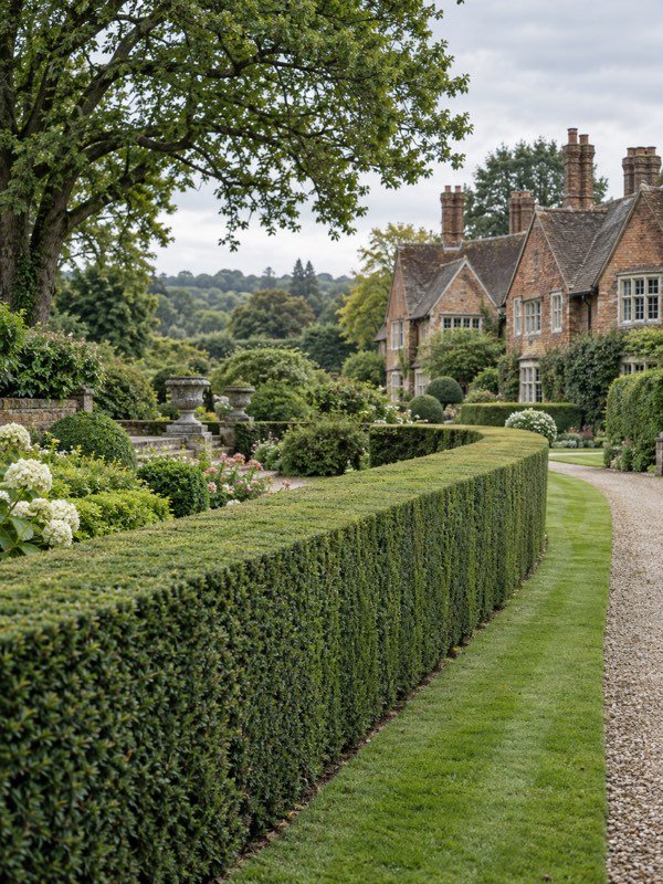 Sweeping estate grounds with a long clipped hedge