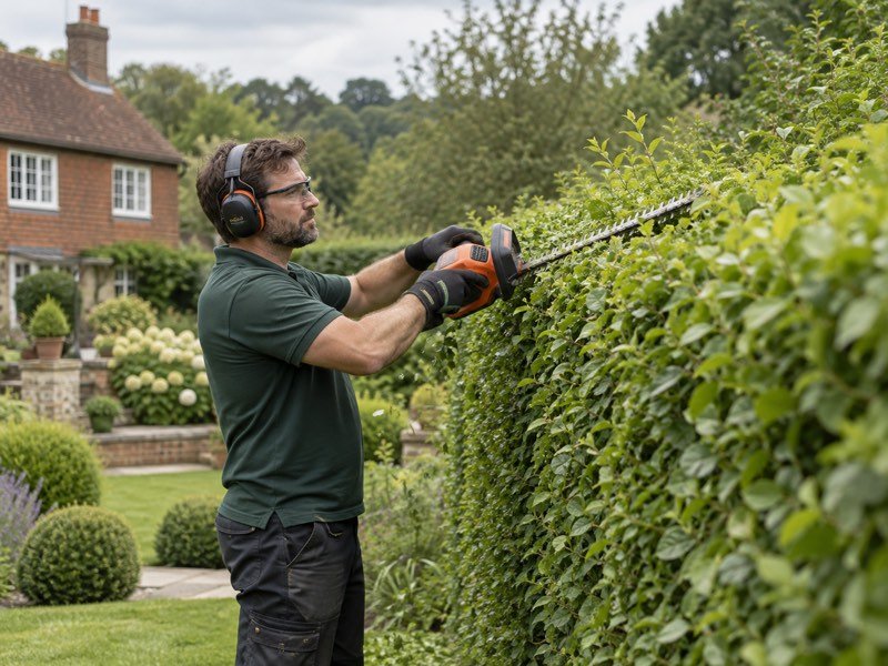 A gardener trimming a tall hedge