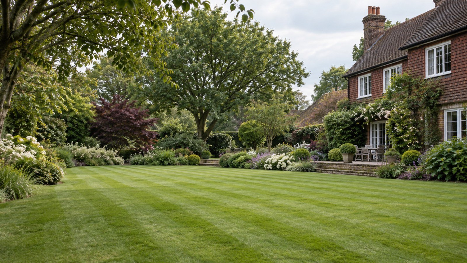 An immaculate striped lawn with mature trees and deep planted borders beside a Kent house