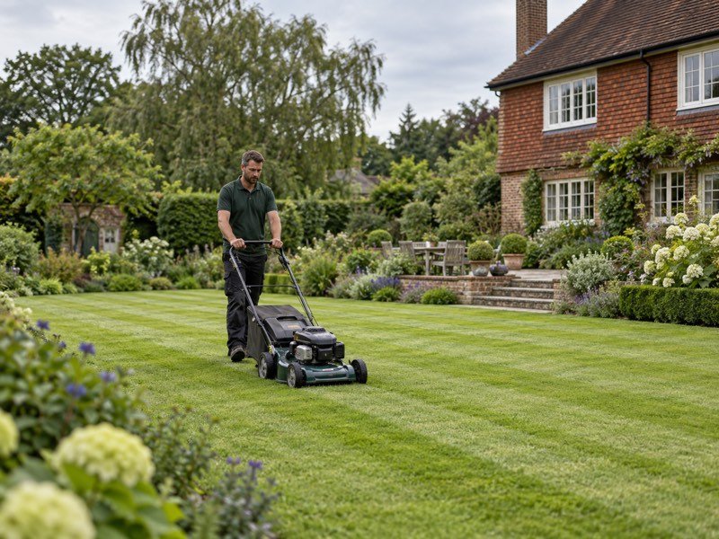 A gardener mowing stripes into a lawn