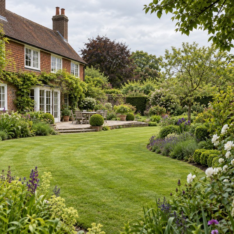 A finished garden with a curved lawn and mixed borders