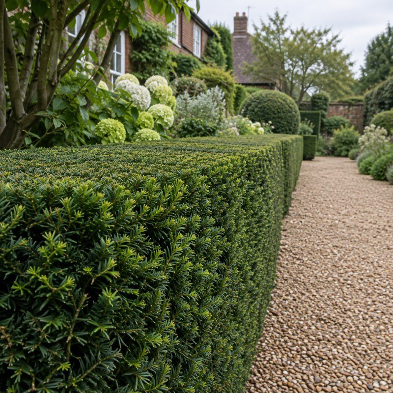 A neatly clipped hedge beside a gravel path