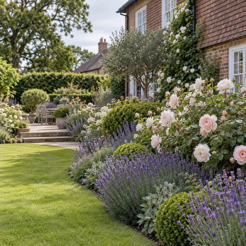A tended border of lavender and pale roses