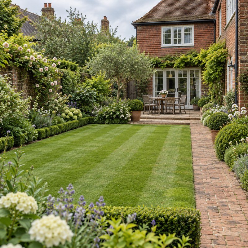 A striped back garden lawn and clean brick path