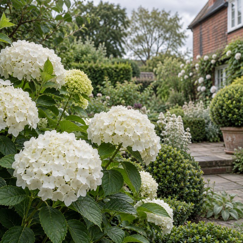 White hydrangeas and healthy foliage