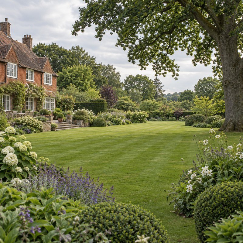 A wide estate lawn with a mature oak and planted borders