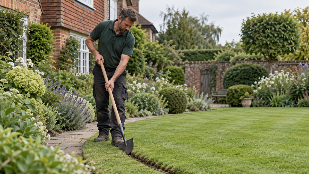 A gardener edging a lawn, mid action